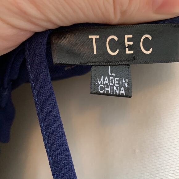 TCEC Navy Bell Sleeve V Neck Pullover Mini Dress Sz L - Picture 4 of 7